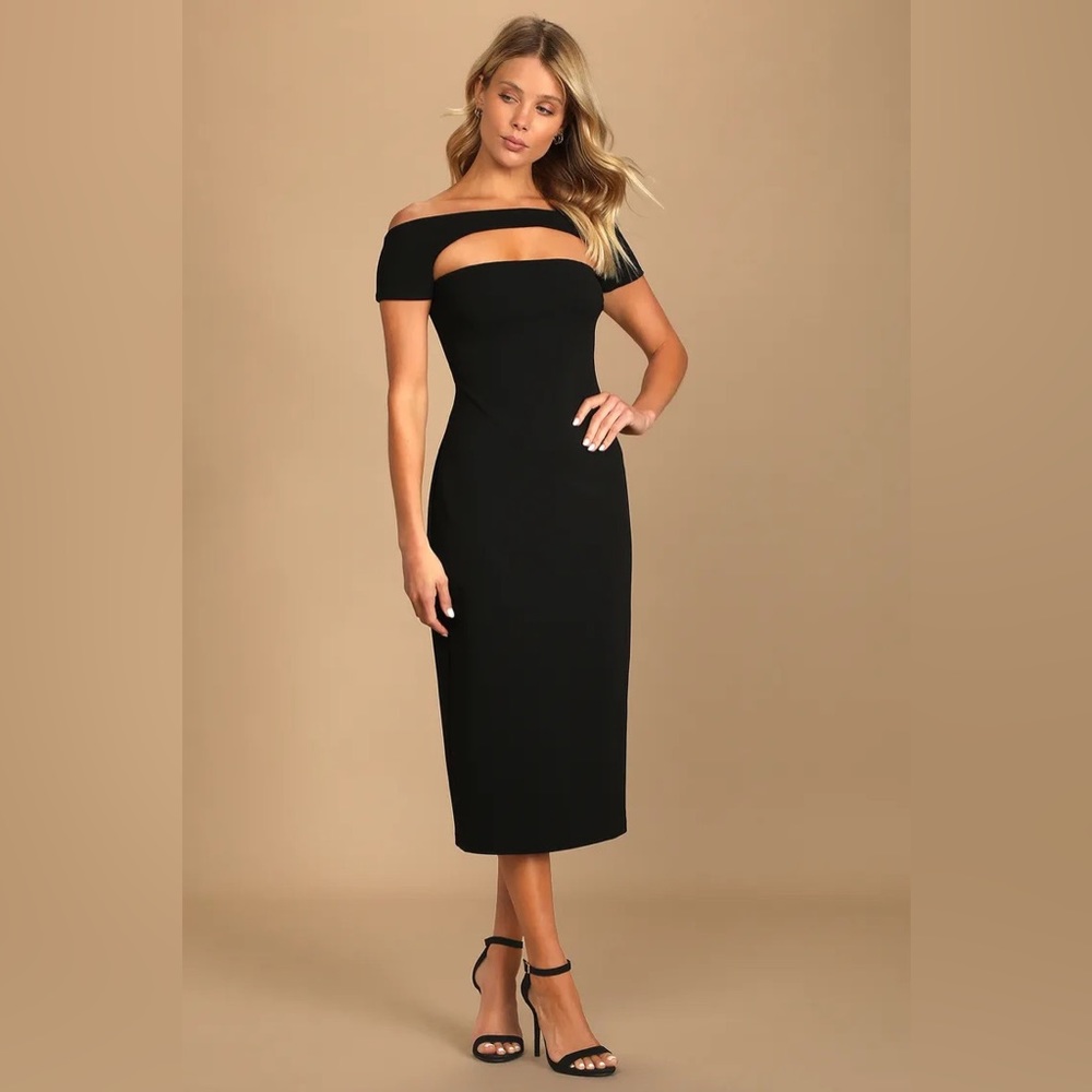 Lulus Make a Toast Black Off-The-Shoulder Cutout Midi Dress NWT